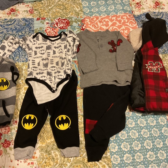 Lot of 3 Disney infant boys Mickey Batman 12 month old outfits gently worn. - Picture 2 of 10